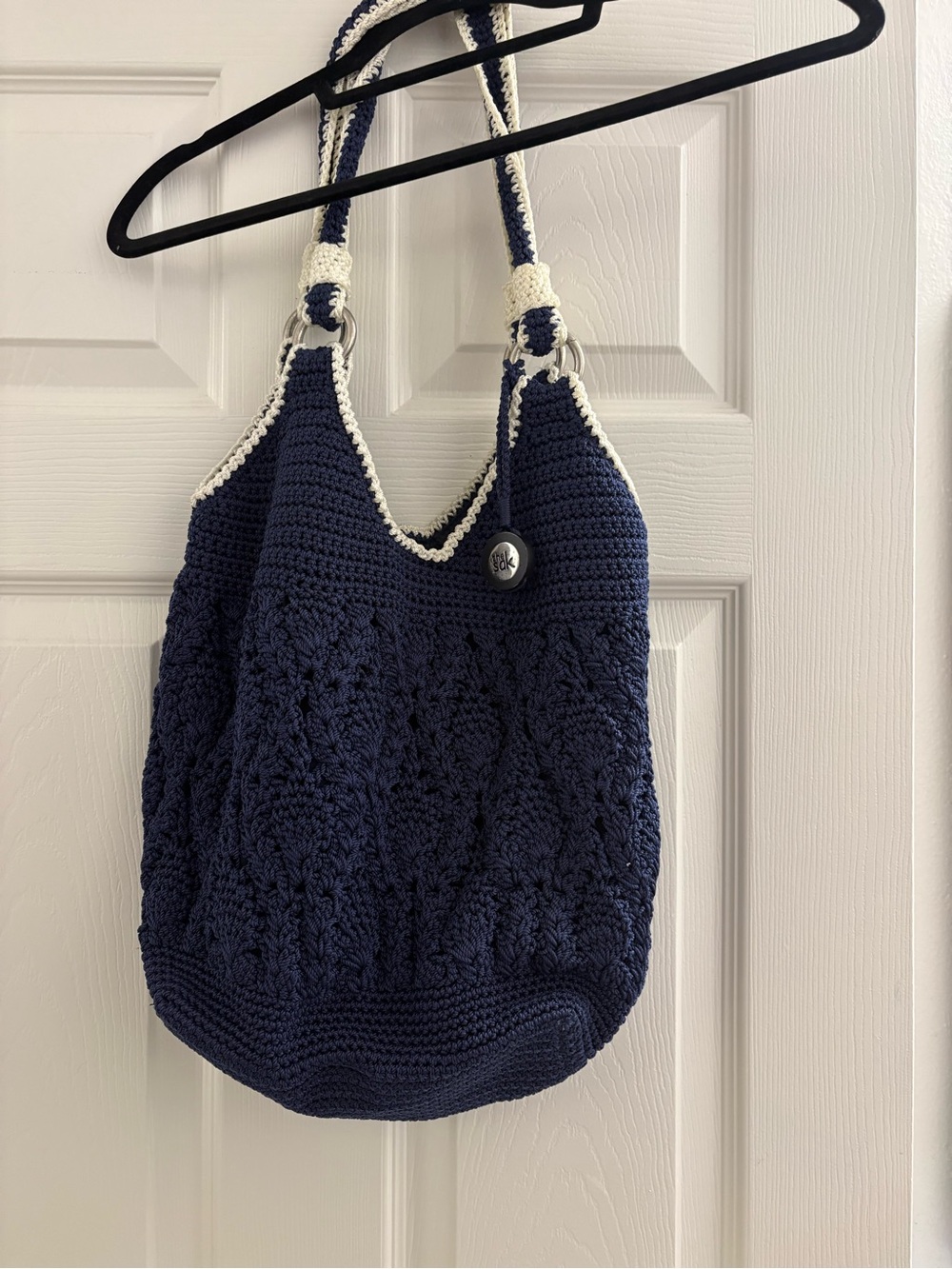 The Sak Navy Crochet Shoulder Bag with Cream Trim